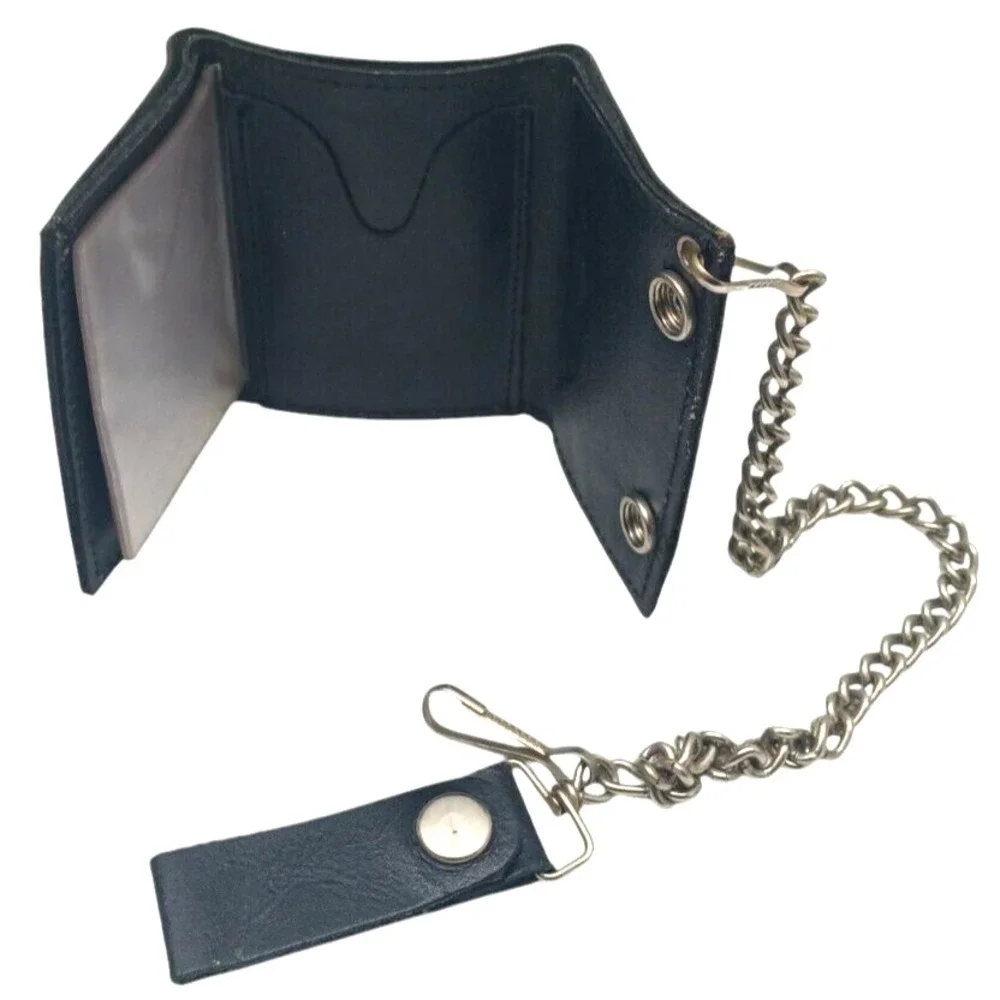 Genuine Leather Biker Wallet With‎ Chain Trifold - Skull Screen Print On Wallet